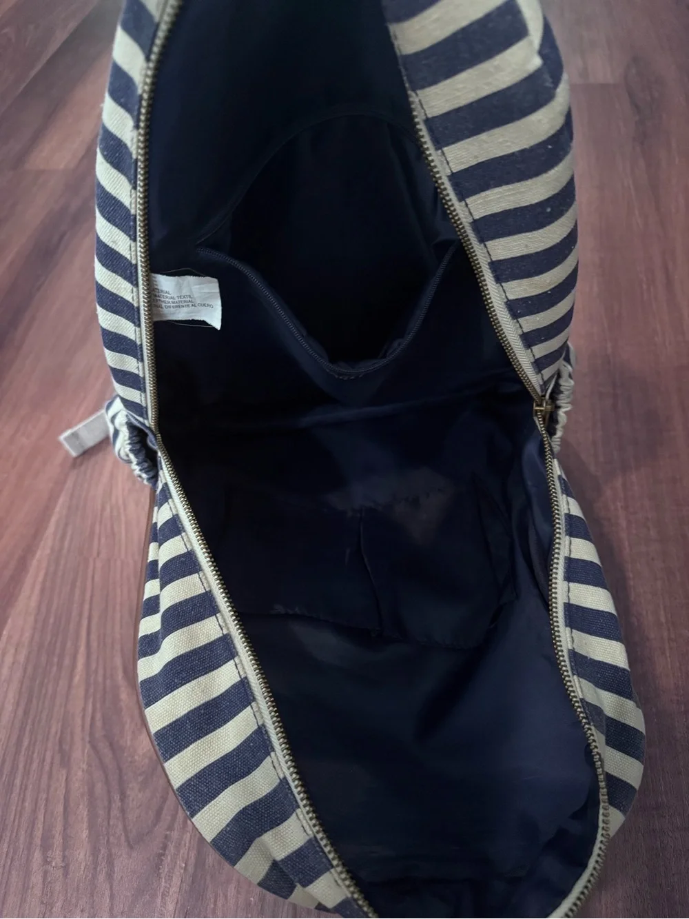 Striped Navy & White Canvas Backpack with Brown Trim